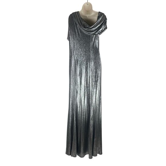 Tadashi Shoji Copley Shoulder Drape Lame Gown Silver Steel Size XL - Picture 9 of 13